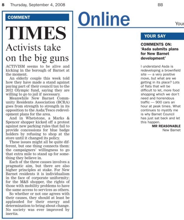 Barnet Times Comment Column 4th September 2008